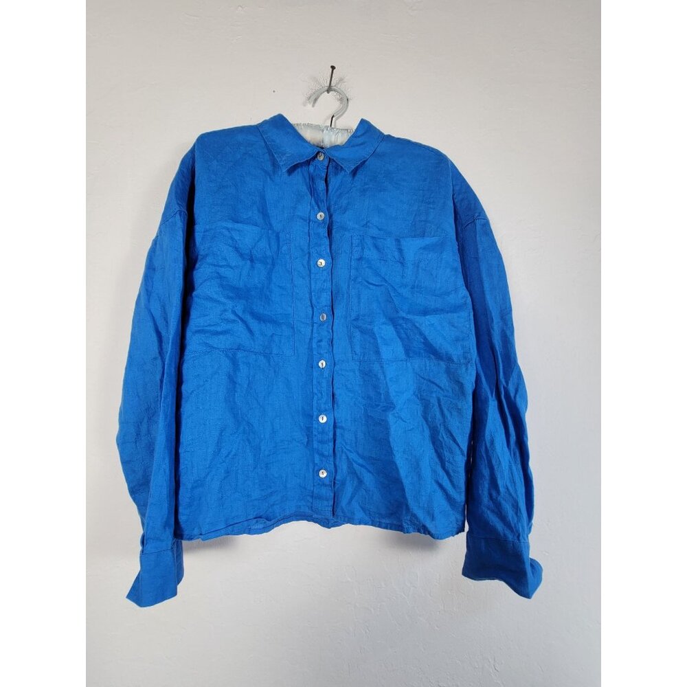Cynthia Rowley Blue Button-Up Shirt Linen Womens Large Relaxed Fit Lightweight
